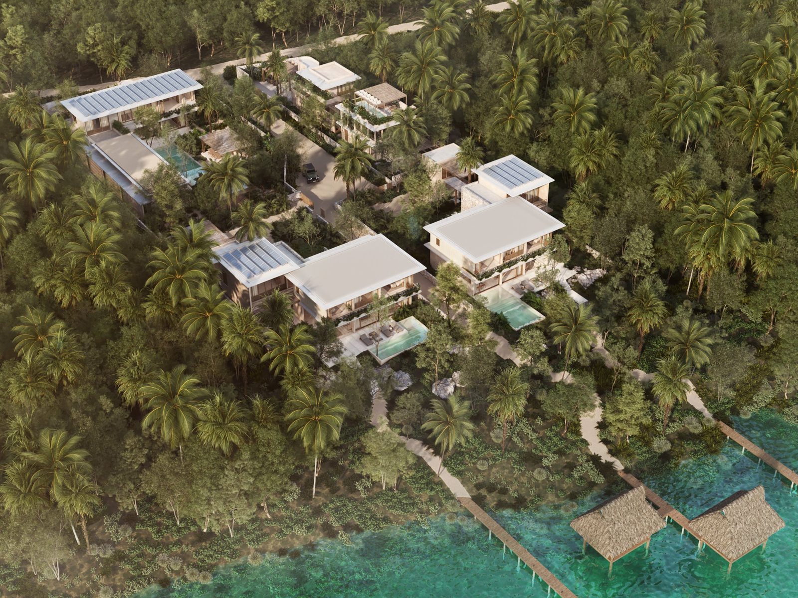 Aerial view of the four villas and lagoon docks