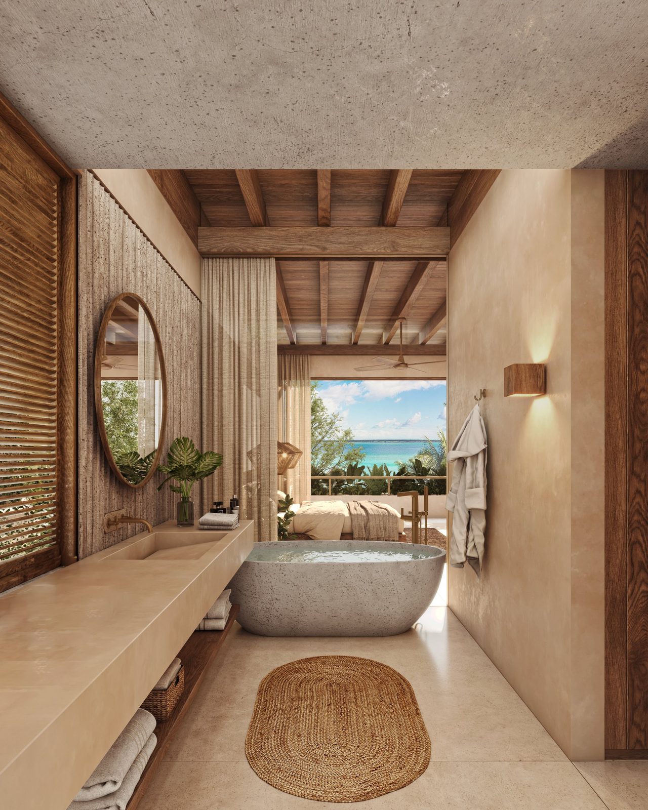 Stone soaking tub and suite with lagoon view