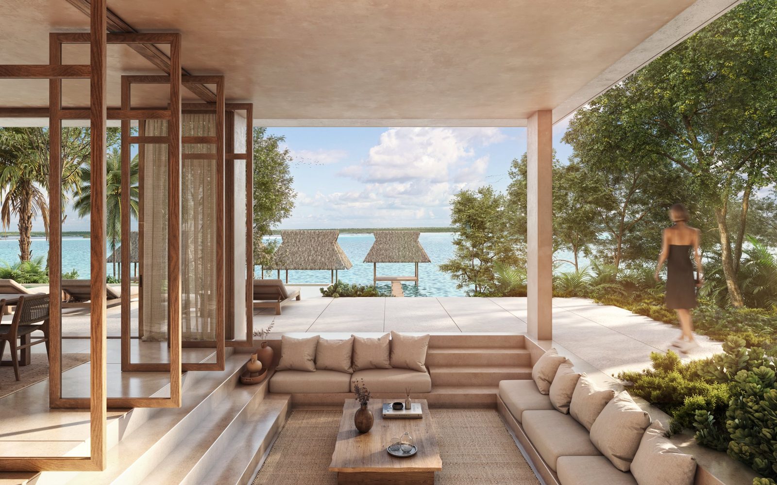 Open-plan living, kitchen and dining opening to the pool