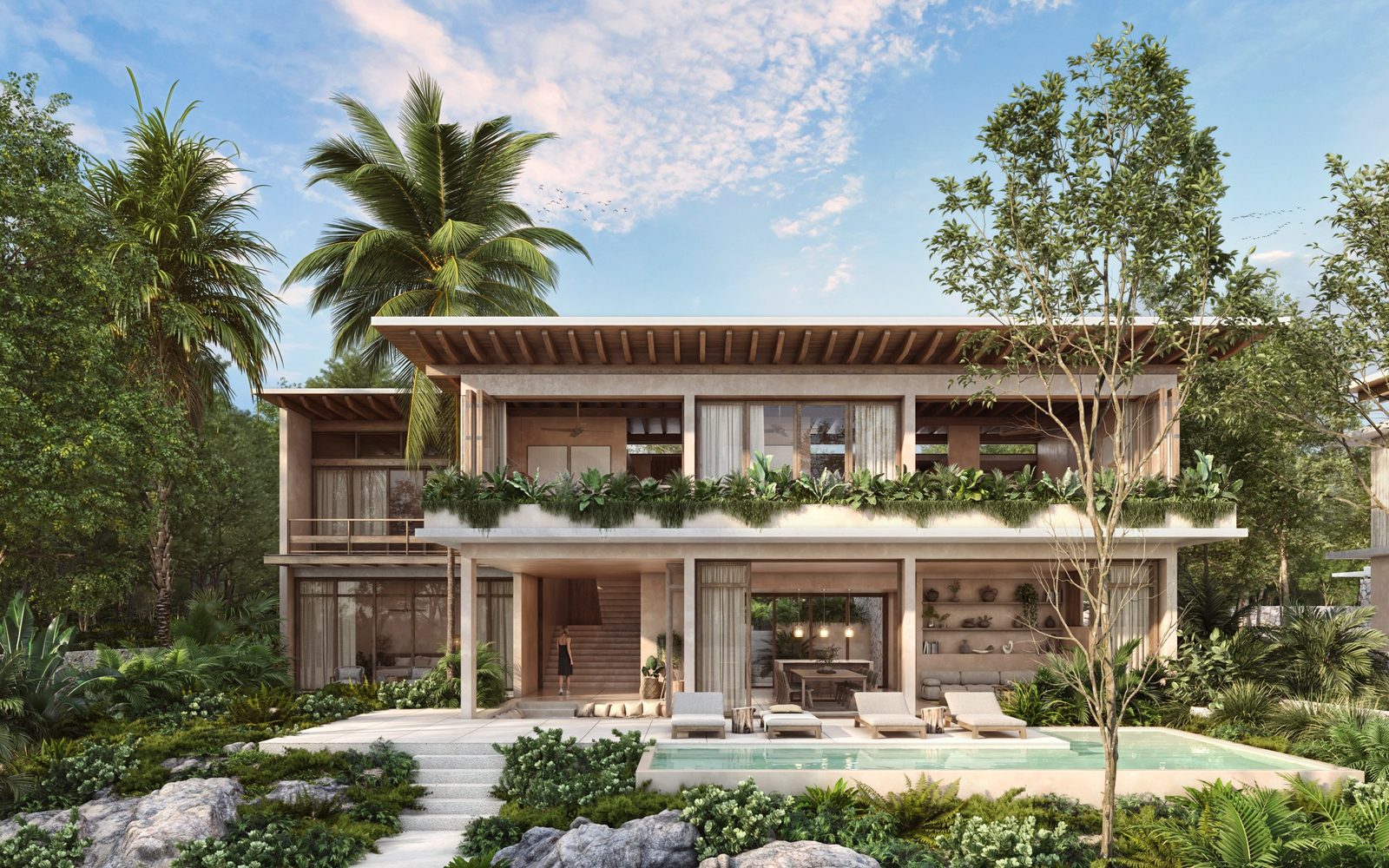 Villa exterior at dawn, pool and jungle